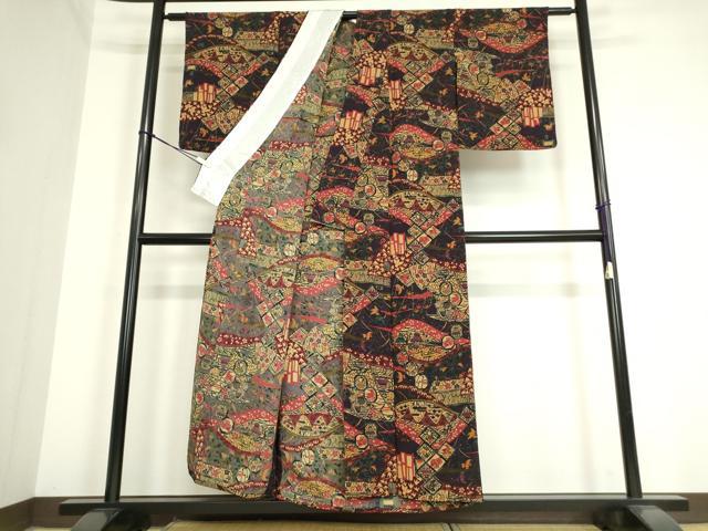 平和屋着物▽上質な小紋 単衣 型染 風景花鳥文 鬼しぼ縮緬 正絹 逸品 DAAV5317az