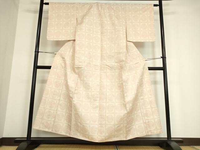 平和屋着物▽上質な紬　単衣　格子花文　正絹　逸品　DAAV5320az