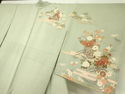 平和屋着物▽訪問着　単衣　花車文　金彩　正絹　逸品　未使用　DAAV5328az