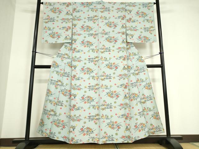 平和屋着物▽上質な小紋 単衣 型染 芝に舞花 正絹 逸品 未使用 DAAV5329az