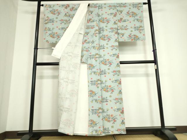 平和屋着物▽上質な小紋 単衣 型染 芝に舞花 正絹 逸品 未使用 DAAV5329az