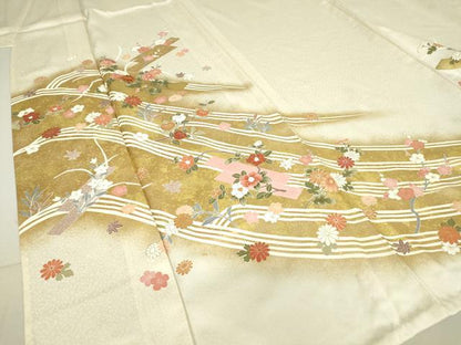 平和屋着物▽訪問着 単衣 駒刺繍 舞花文 金彩 正絹 逸品 未使用 DAAV5337az