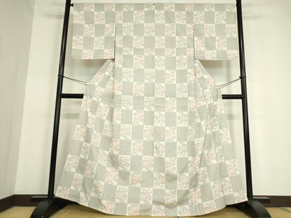 平和屋着物▽本塩沢 単衣 市松花文 正絹 逸品 DAAV5341az