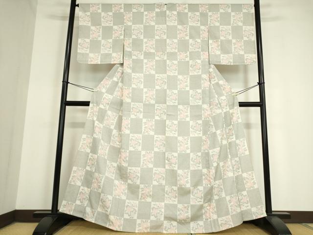 平和屋着物▽本塩沢 単衣 市松花文 正絹 逸品 DAAV5341az