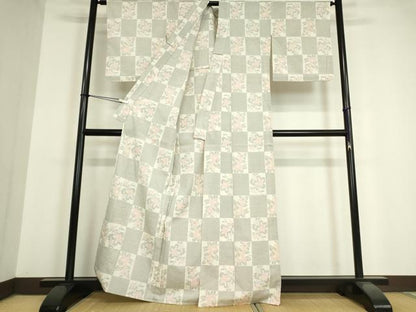 平和屋着物▽本塩沢 単衣 市松花文 正絹 逸品 DAAV5341az