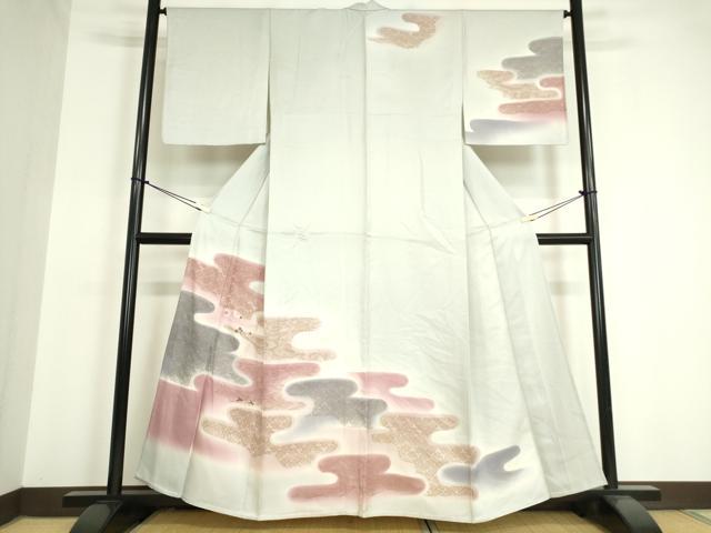 平和屋着物▽訪問着 単衣 刺繍 霞花鳥文 暈し染め 金彩 正絹 逸品DAAV5348az