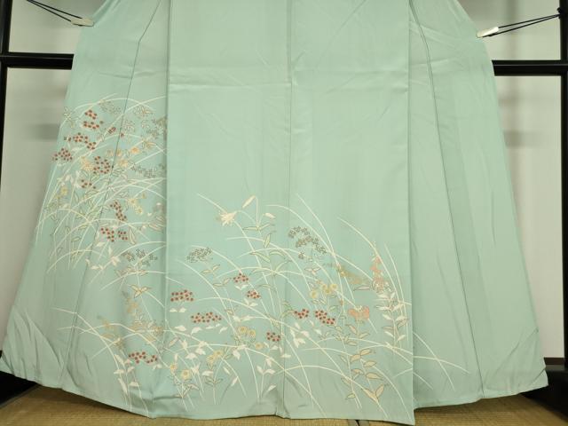 平和屋着物▽訪問着　単衣　駒刺繍　草花文　金彩　正絹　逸品　DAAV5357az