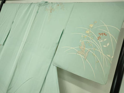 平和屋着物▽訪問着　単衣　駒刺繍　草花文　金彩　正絹　逸品　DAAV5357az