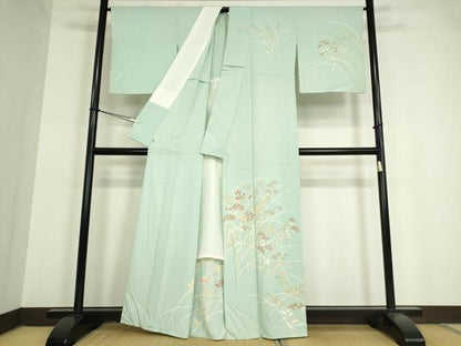 平和屋着物▽訪問着　単衣　駒刺繍　草花文　金彩　正絹　逸品　DAAV5357az