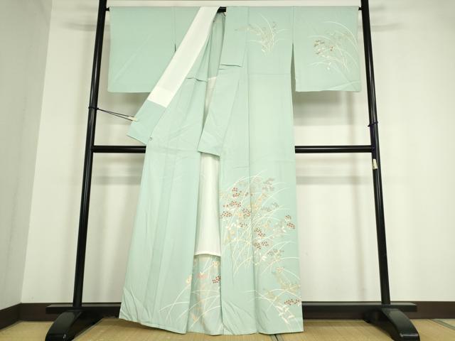 平和屋着物▽訪問着　単衣　駒刺繍　草花文　金彩　正絹　逸品　DAAV5357az