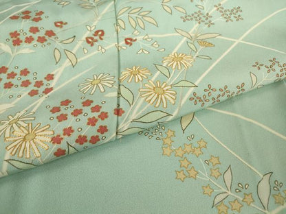 平和屋着物▽訪問着　単衣　駒刺繍　草花文　金彩　正絹　逸品　DAAV5357az