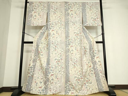 平和屋着物▽上質な小紋 単衣 舞桜扇面文 銀彩 正絹 逸品 DAAV5359az