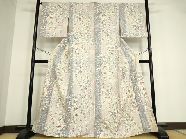 平和屋着物▽上質な小紋 単衣 舞桜扇面文 銀彩 正絹 逸品 DAAV5359az
