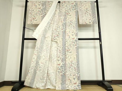 平和屋着物▽上質な小紋 単衣 舞桜扇面文 銀彩 正絹 逸品 DAAV5359az
