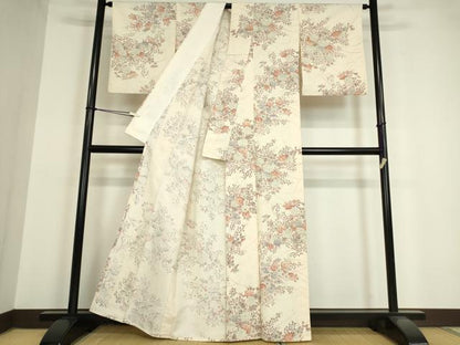 平和屋着物▽上質な小紋 単衣 紬地 草花文 正絹 逸品 DAAV5363az
