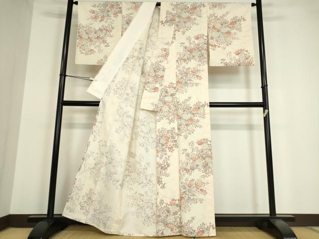 平和屋着物▽上質な小紋 単衣 紬地 草花文 正絹 逸品 DAAV5363az