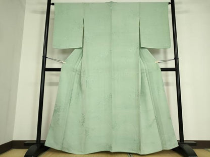平和屋着物▽上質な色無地 単衣 草葉地紋 裏葉柳色 正絹 逸品 DAAV5364az