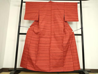 平和屋着物▽上質な紬　単衣　横段文　正絹　逸品　DAAV5368az
