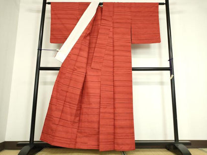 平和屋着物▽上質な紬　単衣　横段文　正絹　逸品　DAAV5368az