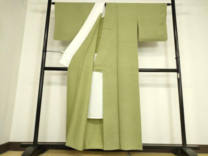 平和屋着物▽上質な色無地 単衣 箔散らし地紋 山葵色 正絹 逸品 DAAV5372az