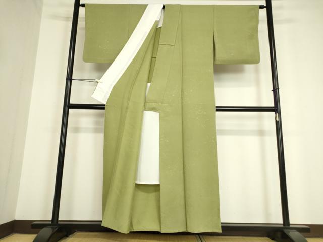 平和屋着物▽上質な色無地 単衣 箔散らし地紋 山葵色 正絹 逸品 DAAV5372az