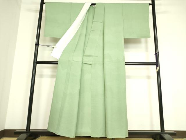 平和屋着物▽上質な色無地 単衣 雲重ね地紋 山葵色 正絹 逸品 DAAV5379az