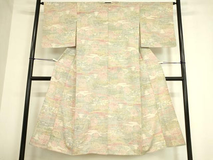 平和屋着物▽上質な紬　単衣　霞花文　正絹　逸品　DAAV5421az