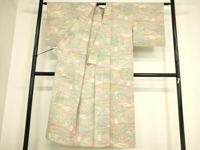 平和屋着物▽上質な紬　単衣　霞花文　正絹　逸品　DAAV5421az