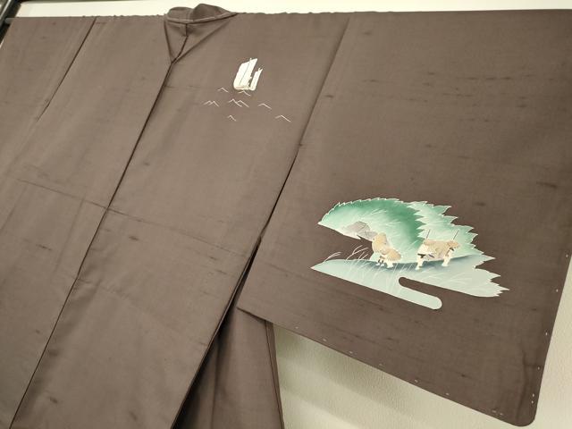 平和屋着物▽訪問着　単衣　紬地　友禅　渡橋風景文　正絹　逸品　未使用　DAAV5439az
