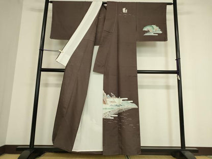 平和屋着物▽訪問着　単衣　紬地　友禅　渡橋風景文　正絹　逸品　未使用　DAAV5439az