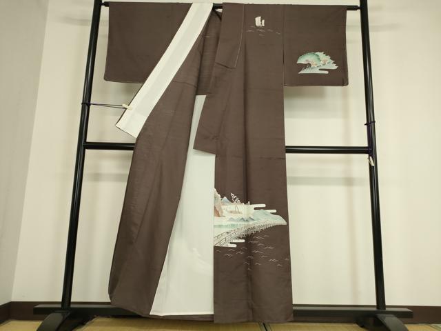 平和屋着物▽訪問着　単衣　紬地　友禅　渡橋風景文　正絹　逸品　未使用　DAAV5439az