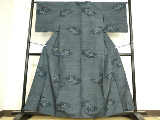 平和屋着物▽上質な紬 単衣 草花文 正絹 逸品 DAAV5441az