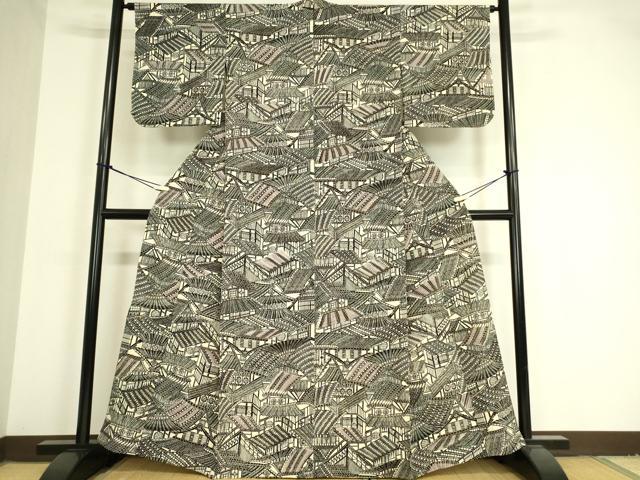 平和屋着物▽上質な小紋 単衣 風景文 型染め 正絹 逸品 未使用 DAAV5450az