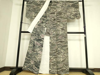平和屋着物▽上質な小紋 単衣 風景文 型染め 正絹 逸品 未使用 DAAV5450az