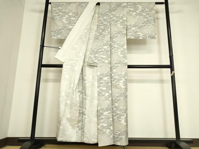 平和屋着物▽本場染大島紬　単衣　雲取り風景文　正絹　逸品　DAAV5549az