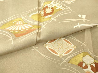 平和屋着物▽銀座きしや　訪問着　単衣　駒刺繍　宝尽くし零れ松葉文　金彩　正絹　逸品　DAAV5556az