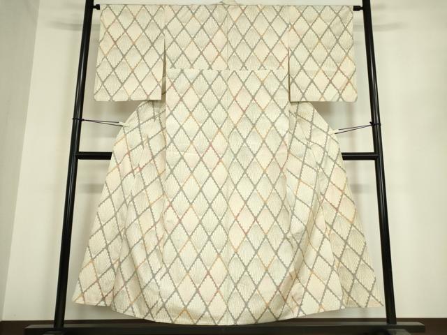 平和屋着物▽上質な紬 単衣 格子花文 正絹 逸品 DAAV5569az