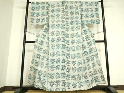 平和屋着物▽上質な小紋 単衣 紬地 型染め 草花文 正絹 逸品 DAAV5577az