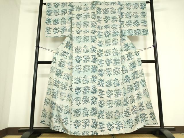 平和屋着物▽上質な小紋 単衣 紬地 型染め 草花文 正絹 逸品 DAAV5577az