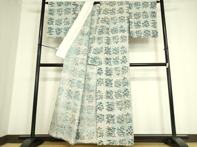 平和屋着物▽上質な小紋 単衣 紬地 型染め 草花文 正絹 逸品 DAAV5577az