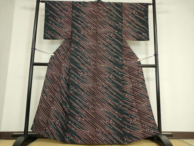 平和屋着物▽小紋 単衣 箔散らし斜線文 黒地 洗える着物 DAAV5590az