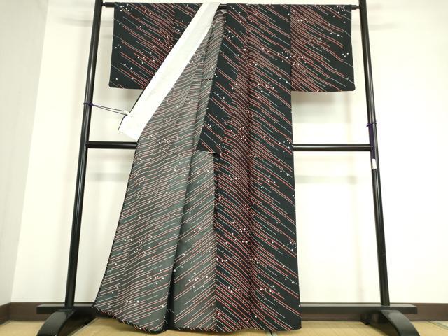 平和屋着物▽小紋 単衣 箔散らし斜線文 黒地 洗える着物 DAAV5590az