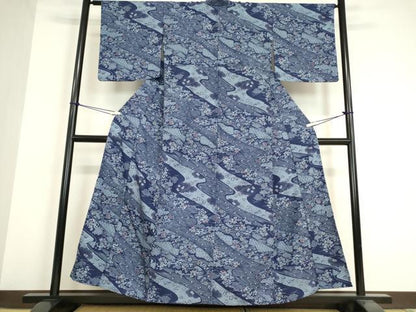平和屋着物▽小紋 単衣 流水花文 洗える着物 DAAV5598az