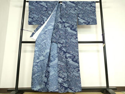 平和屋着物▽小紋 単衣 流水花文 洗える着物 DAAV5598az