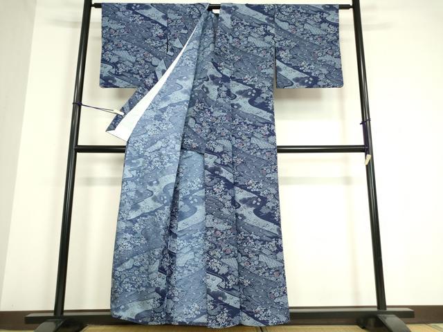 平和屋着物▽小紋 単衣 流水花文 洗える着物 DAAV5598az