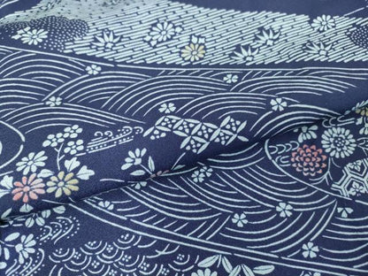 平和屋着物▽小紋 単衣 流水花文 洗える着物 DAAV5598az