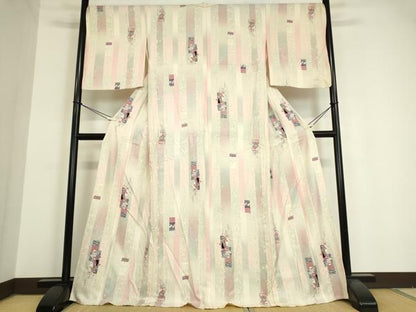 平和屋着物▽上質な小紋 単衣 御所車人物花文 銀彩 正絹 逸品 DAAV5612az