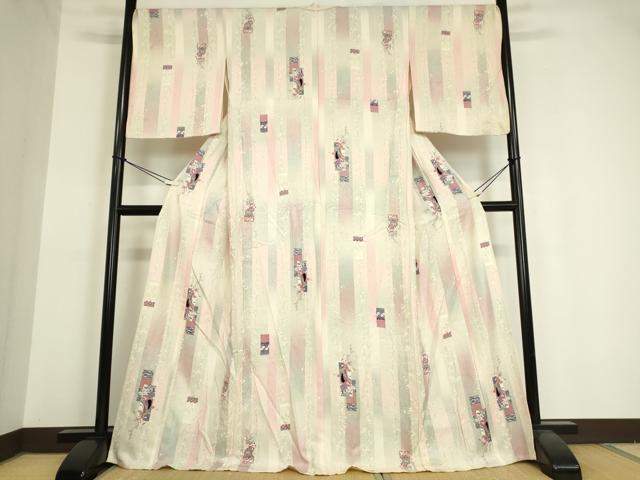 平和屋着物▽上質な小紋 単衣 御所車人物花文 銀彩 正絹 逸品 DAAV5612az