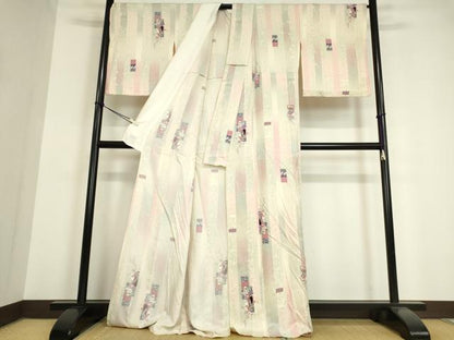 平和屋着物▽上質な小紋 単衣 御所車人物花文 銀彩 正絹 逸品 DAAV5612az