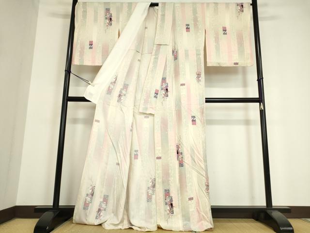 平和屋着物▽上質な小紋 単衣 御所車人物花文 銀彩 正絹 逸品 DAAV5612az